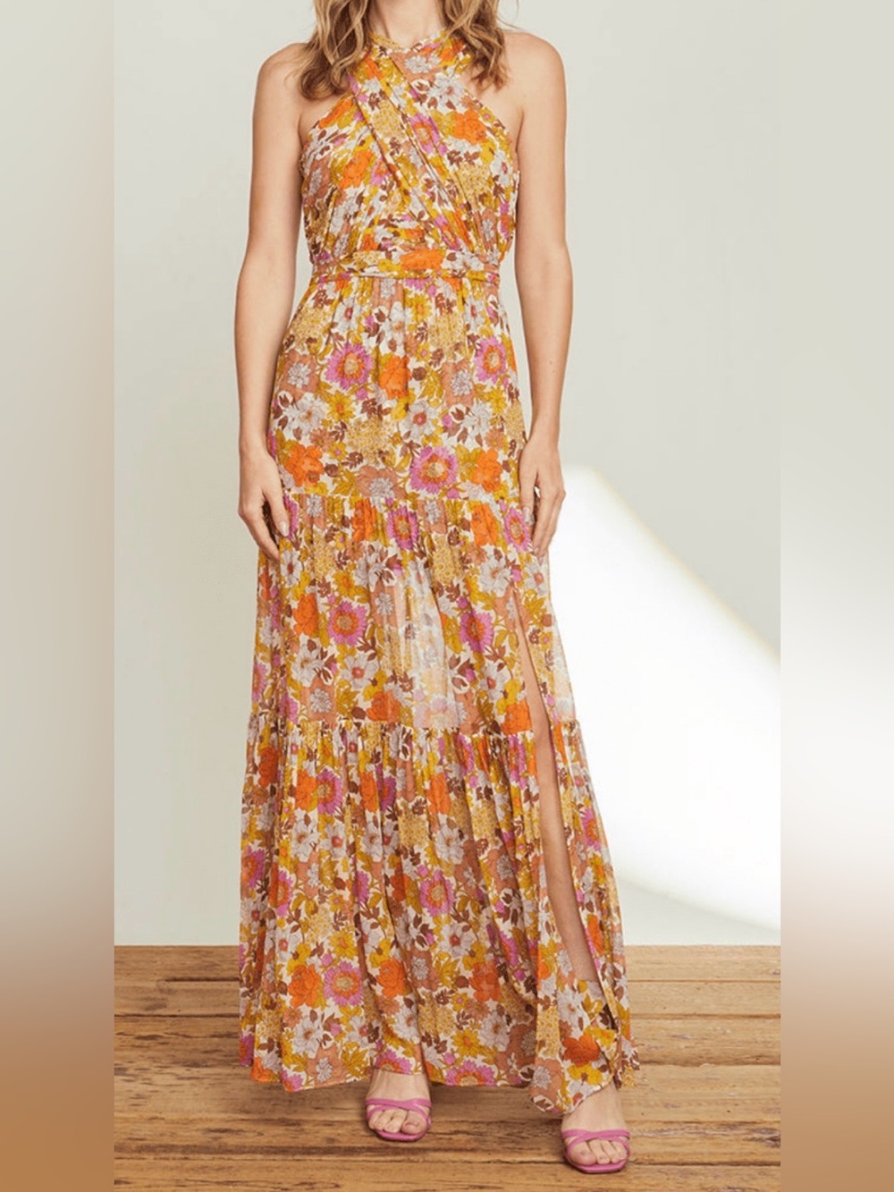 Veronica Beard Mustard and Pink Floral Halter Maxi Skirt